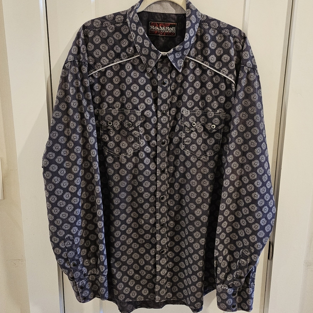 Rock & Roll Cowboy Pearl Snap Western Shirt - Size XXL - Geo-Print - Denim Wash